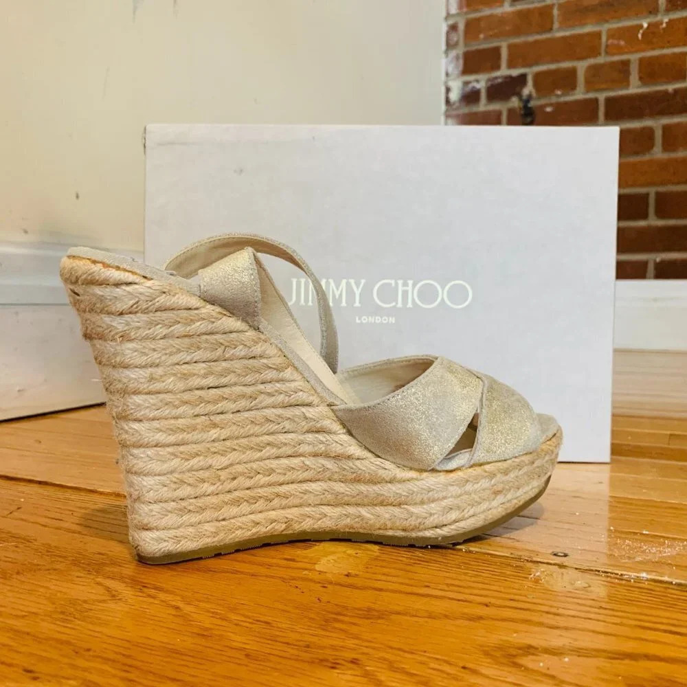 Jimmy Choo Espadrille Wedge Nude Beige Size 8.5 - Picture 14 of 16